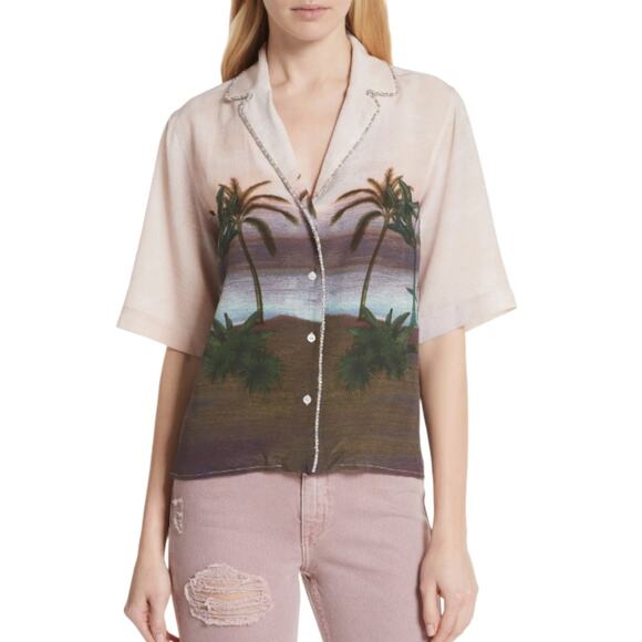 Sandro Paris Pink Embellished Tropical Hawaiian Button Down Top - Picture 1 of 12